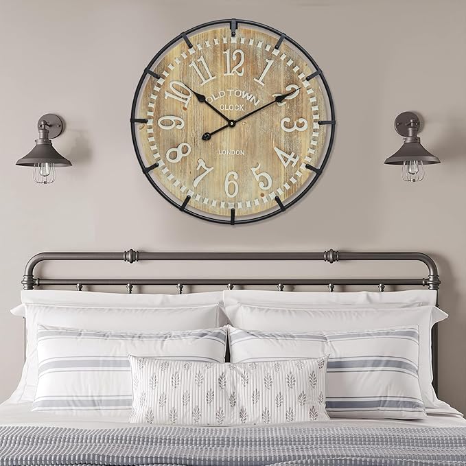 24 Inch Large Farmhouse Wall Clock - Rustic Antique Wood, Silent Battery Operated Clock for Office Kitchen Bedroom Living Room