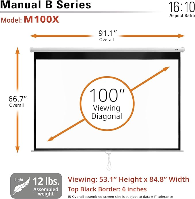 Elite Screens Manual B, 100-INCH 16:10, Manual Pull Down Projector Screen 4K / 8K Ultra HDR 3D Ready Auto-Lock Mechanism, 2-YEAR WARRANTY, M100X