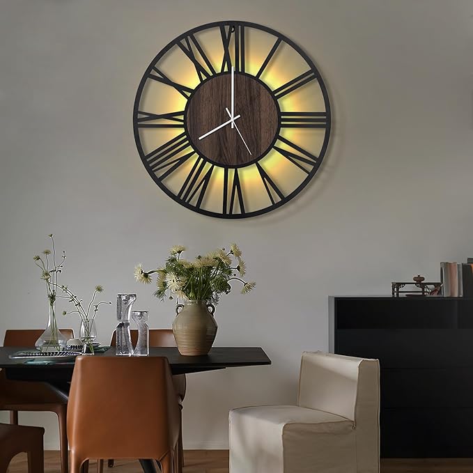 LEIKE Large LED Wall Clocks,Silent,Non Ticking,Battery Operated Rustic Round Modern Big Wood Wall Clock for Living Room, Bedroom,Kitchen,Farmhouse,Office,Home Decor -24" Black,LED,Roman Number