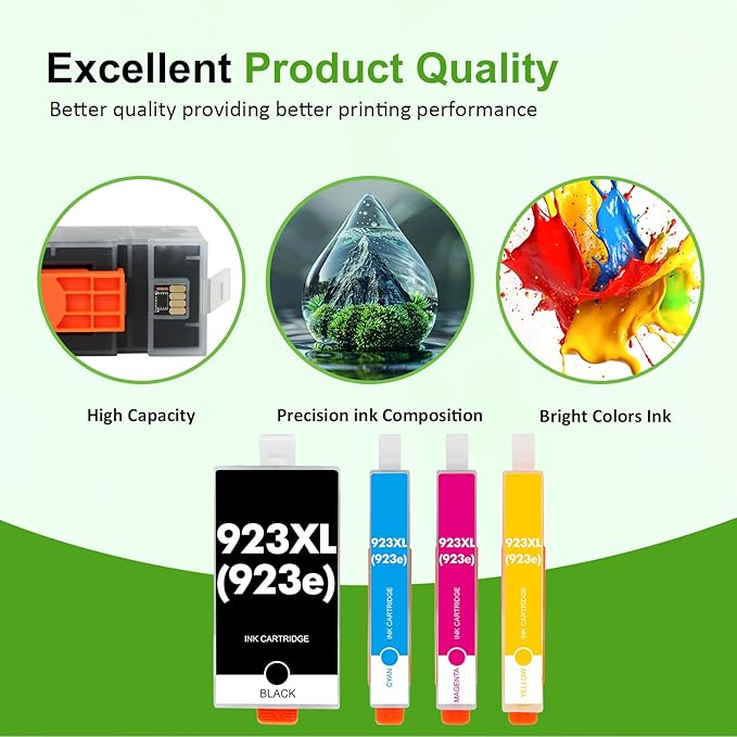 923 923XL Ink Cartridges Combo Pack with Chip: Replacement for HP Printers Ink 923e 923 923XL for HP923 OfficeJet Pro 8130e 8135e 8138e 8139e 9130 8125e 8122e 8120 8124e Printer（4 Pack B/C/M/Y