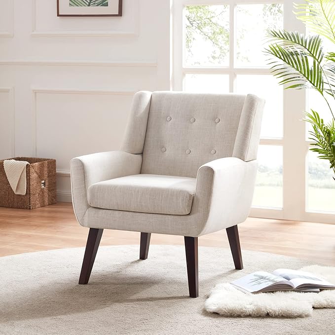 HUIMO Accent Chairs Set of 4, Upholstered Button Tufted Armchair, Linen Fabric Sofa Chairs for Bedroom, Living Room, Mid Century Modern Comfy Reading Chair (4, Beige)