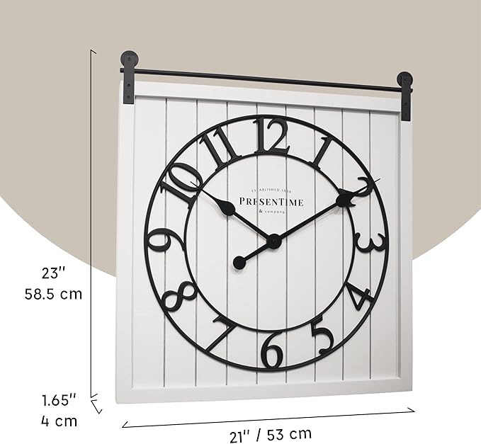 Presentime & Co Farmhouse Barn Door Clock, Shiplap Style, Cream White Color, Silent No Ticking, 3D Arabic Numeral, 23" H x 21" W. Home Decoration/Wall Decoration/Farmhouse Décor.