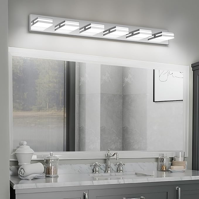 Modern LED Bathroom Lights Fixtures(6-Light),Stainless Steel Chrome Acrylic Wall Lighting,Vanity Lights for Bathroom Over Mirror(6000k 41in)