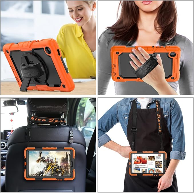 SEYMAC stock Case for Samsung Galaxy Tab A7 Lite 8.7'' with Screen Protector Pencil Holder [360 Rotating Hand Strap] &Stand, Drop-Proof Case for Samsung A7 Lite 2021 SM-T220/T225/T227, Orange/Black