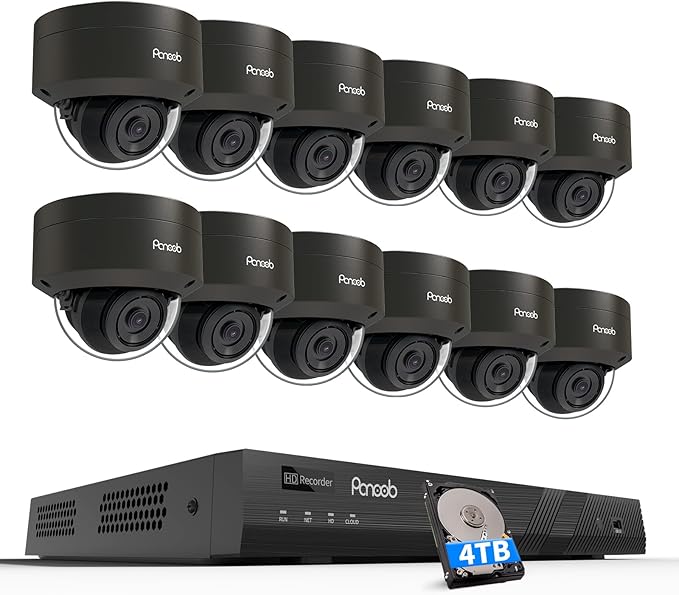 16 Channel Security Camera System, 12PCS 5MP Wired IK10 Vandal Dome PoE Camera Outdoor, Human Detection, Built-in Mic, Remote Access, 4K 16CH PoE NVR 4TB HDD for 24-7 Recording, PD54B1216-5M