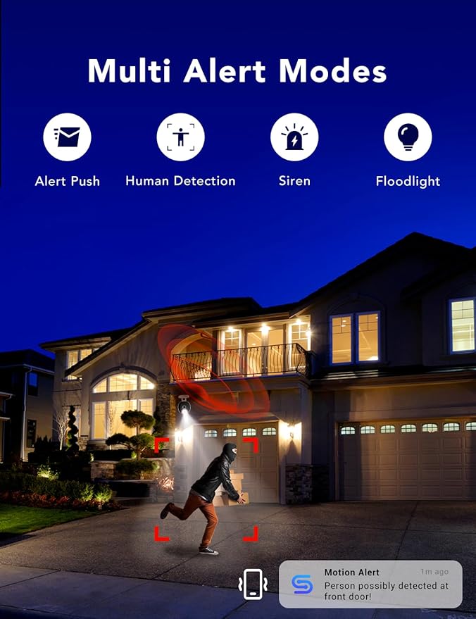 2K Security Camera, Outdoor/Indoor for Home, Pet, Baby, Nanny, IP65 Wterproof Color Night Vision, White Light & Siren, Recording, Motion Detection, Compatible with Alexa,White-2P