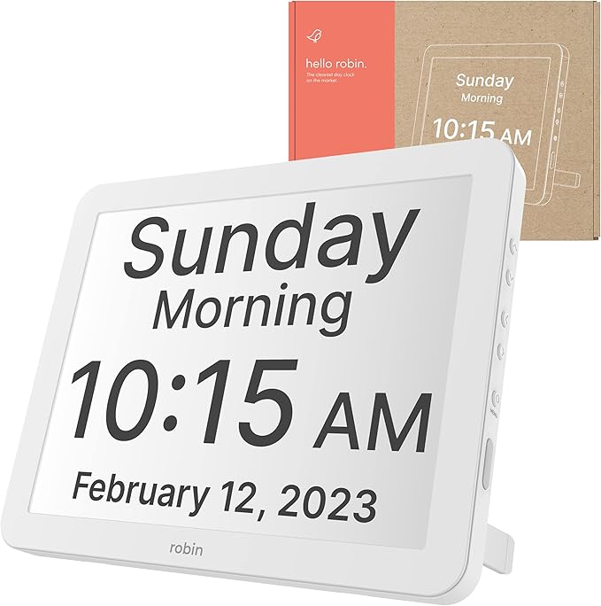 Robin Clock with Day and Date for Elderly, Clocks for Seniors, Dementia Clock, Digital Calendar Elderly Bedside Clocks Senior Alzheimers Products Dementia Clocks Seniors Extra Large, White 15"