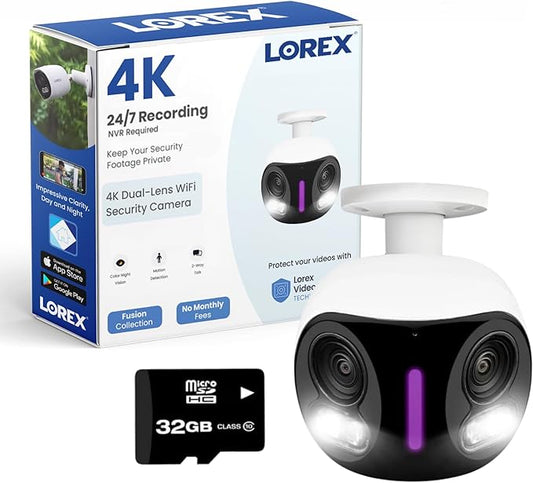 Lorex 4K Dual-Lens Outdoor Wi-Fi Security Camera | 180° Panoramic View | Smart Security Lighting | Color Night Vision | 2-Way Talk | Auto-Framing | 32GB Local Storage, No Monthly Fees | IP66 Rated