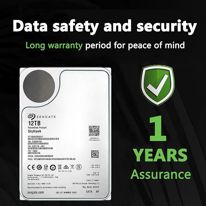 Seagate Skyhawk 12TB Video Internal Hard Drive HDD-3.5 Inch SATA 6Gb/s 7200PRM 256MB Cache for DVR NVR Security Camera System with Rescue Services (ST12000VX0017/0007) (Renewed)