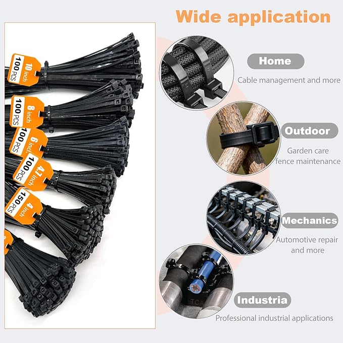700 Pcs Cable Ties,6 Size 3.2/4/4.7/6/8/10 Inch Black Nylon Electrical Zip Ties,Zipties Assorted Sizes for Home Office,Gardening,Electronics,Cable Management