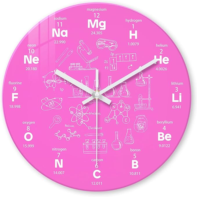 XNM Pink Chemical Clock for Girls Bedroom Wall Clocks Battery Operated Round Glass Analog Science 12 Inch Silent Wall Clock