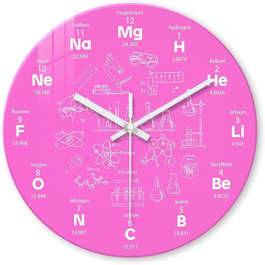 XNM Pink Chemical Clock for Girls Bedroom Wall Clocks Battery Operated Round Glass Analog Science 12 Inch Silent Wall Clock