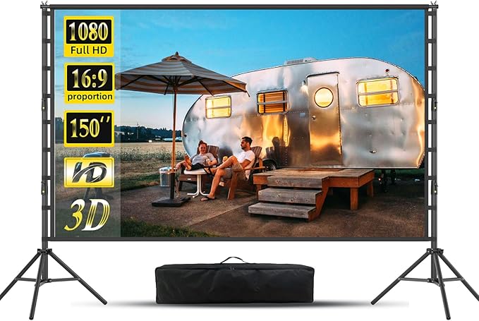 Outdoor Projector Screen and Stand,150-inch Indoor Portable Projection Screen,16:9 4K HD Wrinkle-Free Rear Front Movie Screen with Carry Bag for Backyard Movie Night RVing Home Theater