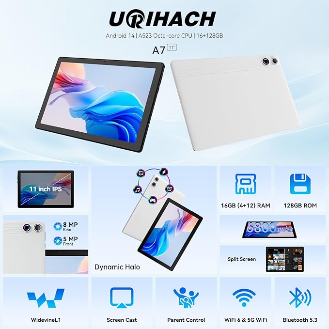 Tablet, Android Tablet 10.95",16GB RAM 128GB ROM 1TB Expansion, Octa-Core, Android 14, 1280x800 FHD, Dual Camera, WiFi6, BT5.3, 6800mAh Battery