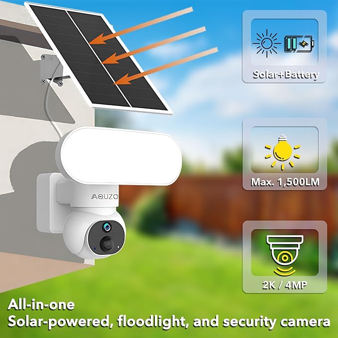 Solar Floodlight Camera with 1500LM Bright Lights-2K Wireless Outdoor Security PT Cam, Motion Activated Color Night Vision Illuminates Entire Yard & Driveway, No Monthly Fee, 64GB SD Card Included