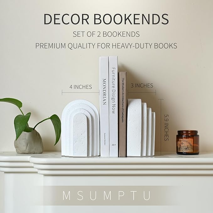 Decorative Bookends for Shelves, Set of 2 Book Ends for Heavy Books, Layered Arch Design White Bookend