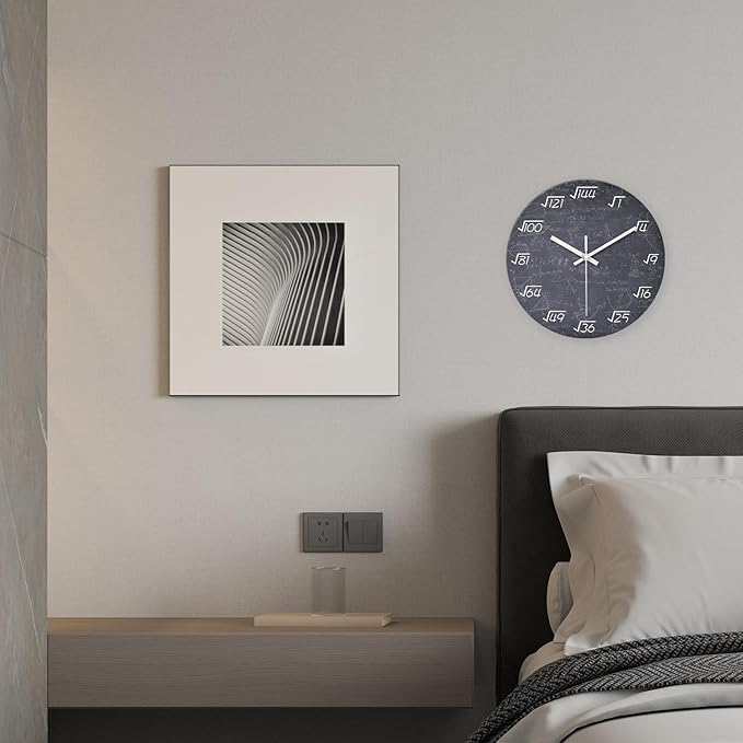 XNM Black Math Clock for Classroom Glass Small Wall Clocks Battery Operated 12 Inch Round Silent Wall Clock Non Ticking