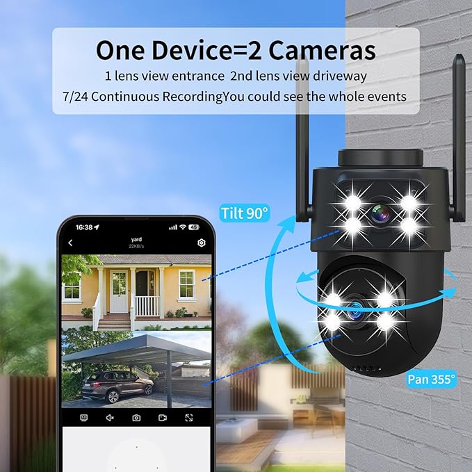 Dual-Lens Smart Indoor Outdoor Camera, 2K-3MP HD 5G WiFi, 360° AI Motion Tracking, IP65 Weatherproof, Color Night Vision, 24/7 Recording, 2-Way Audio, Baby/Nanny Cam (No Card Included)