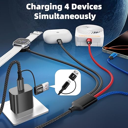 Dual Type-C Port 4 in 2 Multi Charging Cable for Apple iWatch Charger/iPhone 17/Lightning, Travel Charger for Multiple Devices, Christmas Gift for iWatch Ultra/SE/10-1, iPhone16-8, iPad - 2Pcs 5FT