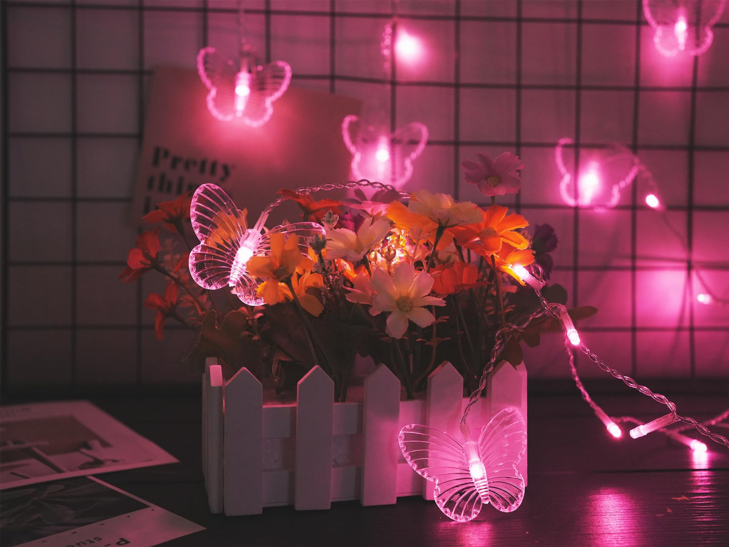 Cynzia 48LED Butterfly Curtain Lights, USB Powered, 8 Modes, 4.9FT, Pink