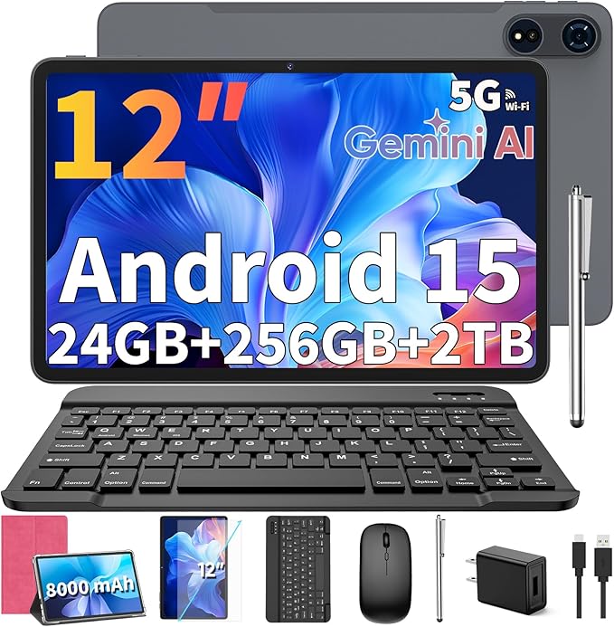 2026 12 Inch Tablet, 24GB（8+16） RAM+256 Storage(Expand to 2TB), Android 15 Tablet with Keyboard, Octa-Core, 2K 2000x1200 Display, 16MP Dual Camera, 8000mAh, 5G WiFi,GPS,Bluetooth 5.0（Pink）