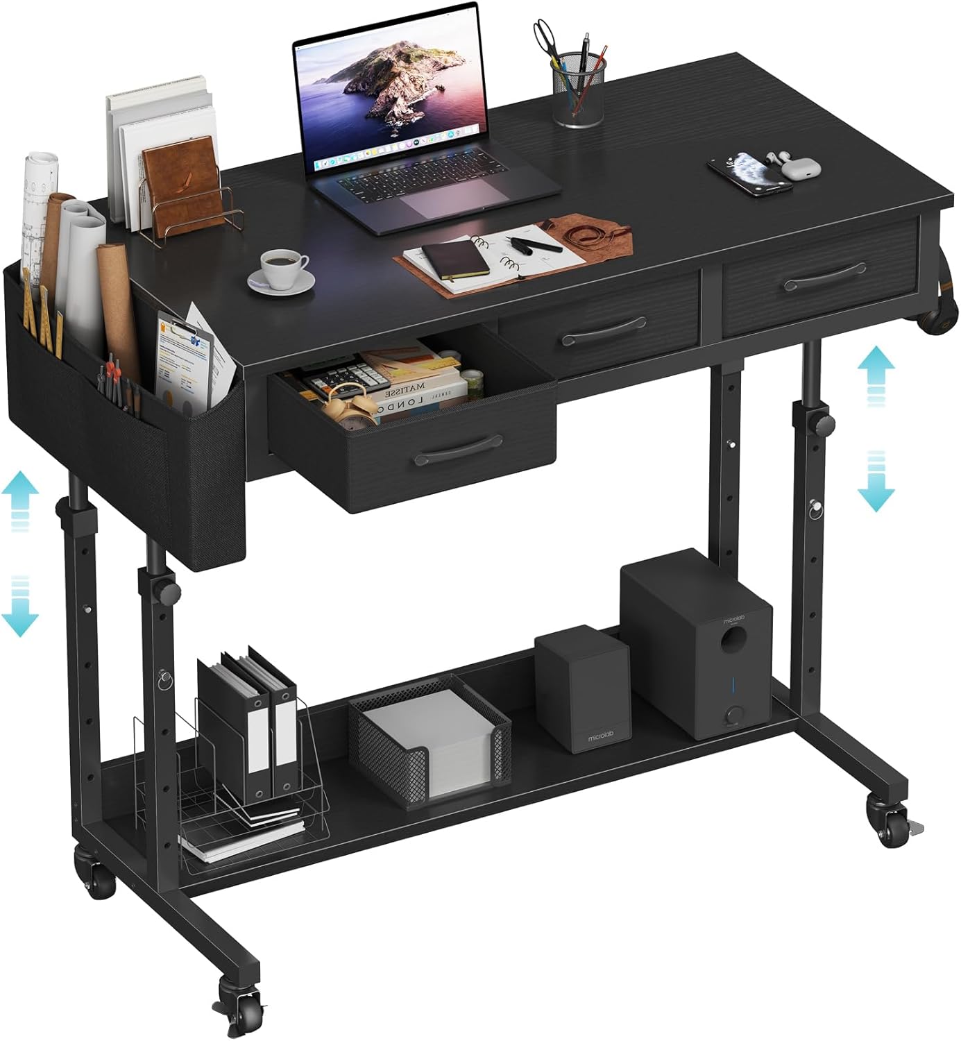Rolling Standing Desk Adjustable Height with Drawers, 40 Inch Mobile Stand Up Portable Teacher Desks on Wheels for Classroom, Couch Sofa Side Laptop Table with Storage for Bedroom Home Office, Black