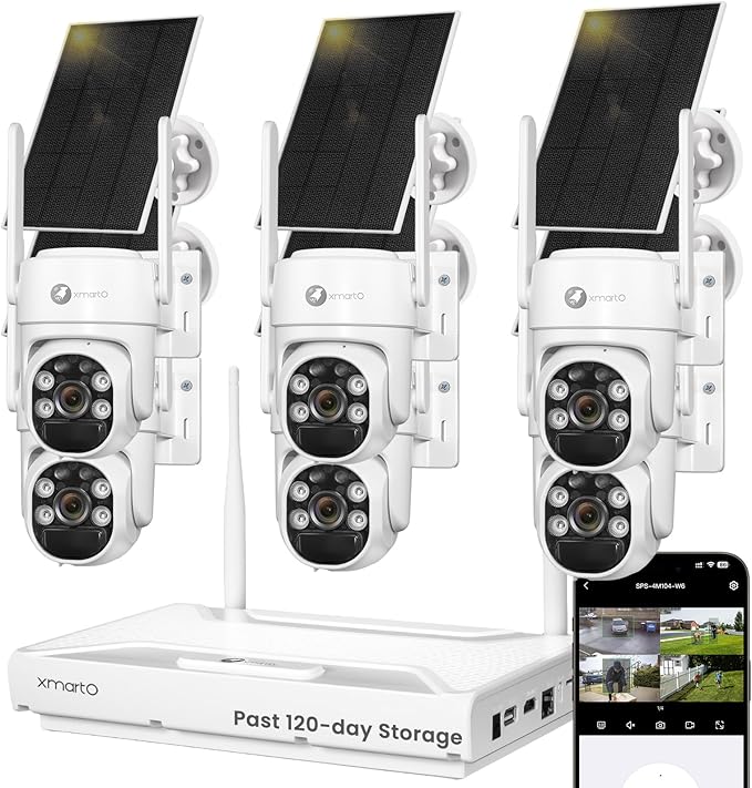 xmartO 100% Wire-Free Solar PTZ Home Security Camera System Wireless, 6-Set 2K 4MP QHD CCTV Camera Kit with 4K 10CH Expandable WiFi NVR and Past 90-Day Video Storage, All-Weather Solar Charge