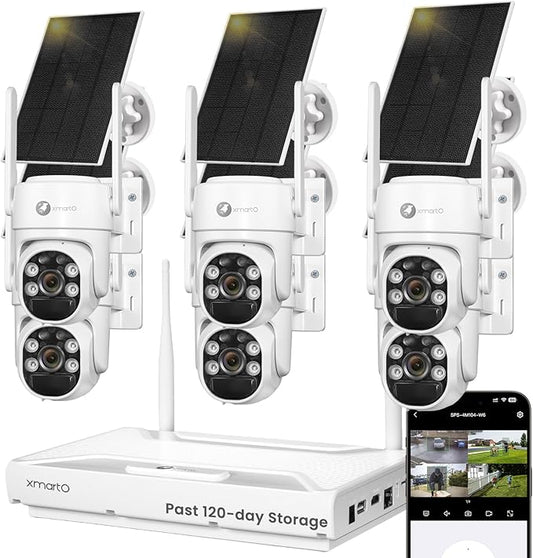 xmartO 100% Wire-Free Solar PTZ Home Security Camera System Wireless, 6-Set 2K 4MP QHD CCTV Camera Kit with 4K 10CH Expandable WiFi NVR and Past 90-Day Video Storage, All-Weather Solar Charge