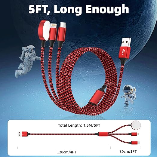 Multi Charging Cable for Apple iWatch Charger, 3 in 1 Charging Cable USB Multiple Charger Cord for iWatch Ultra/SE/10-1, iPhone17-8, iPad, Android, Car, Cruise Essentials - 3Pcs 5FT