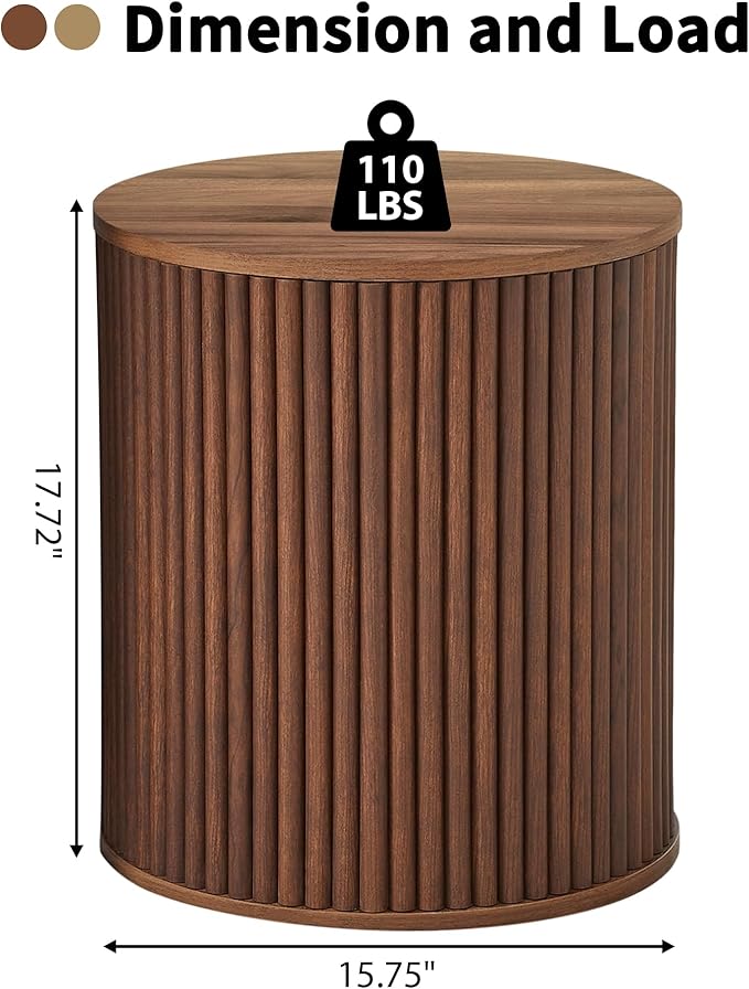 AVZEAR Fluted Round Side Table with Storage, Small Mid Century End Table Fluted Nightstands, Modern Circle Bedside Tables Wood Night Stand for Small Spaces, Living Room, Bedroom (Rustic Walnut)