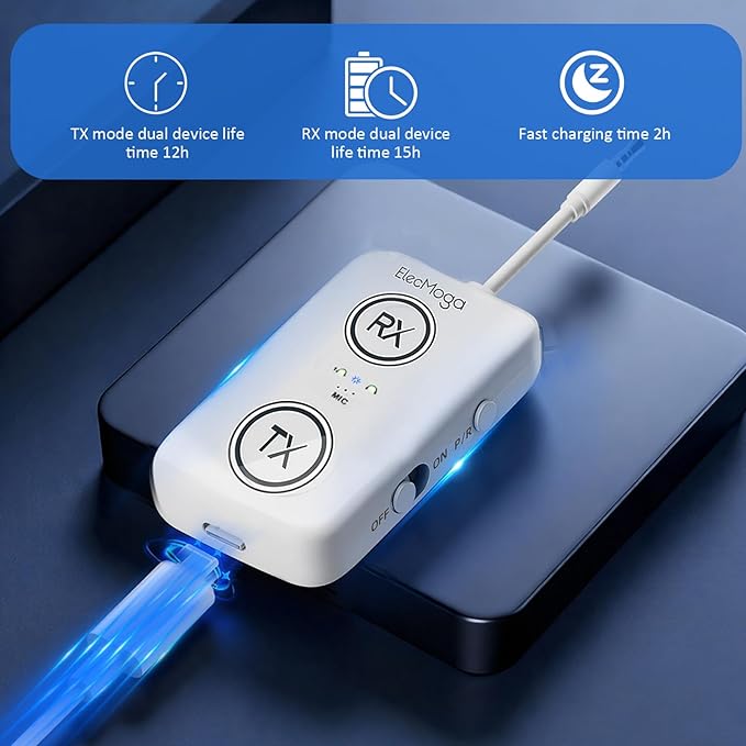 2026 Upgraded Airplane Bluetooth 5.4 Adapter with aptX Adaptive, ElecMoga Airplane Travel Essentials Supports 2 AirPods or Headphones, 2-in-1 AUX Wireless Transmitter Receiver for Gym, TV, Car, White