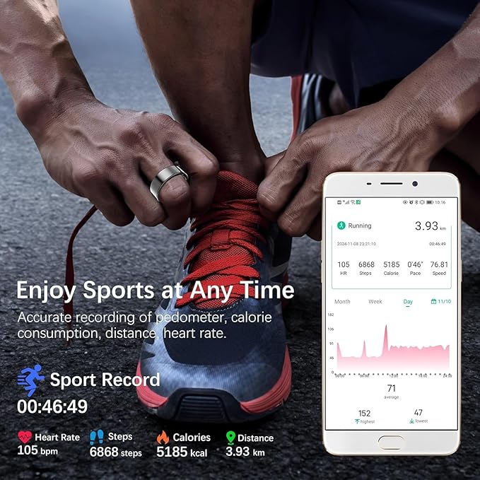 Health Tracker Ring, Smart Health Ring for Women Men with Heart Rate, Blood Oxygen,Sleep Monitor, Steps,Calories, No SubscriptionFee,lP68 Waterproof Smart Ring for iPhone &Android (Black. 6#)