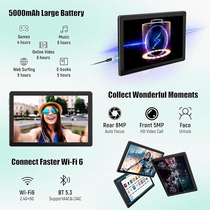 Tablet 10 Inch, Android 14 Tablet PC, 8GB RAM+64GB ROM (1TB TF), Octa-Core 2.0 GHz, Bluetooth 5.0, WiFi 6, Widevine L1, 5MP+8MP, 5000mAh,Type-C (Black, 10)
