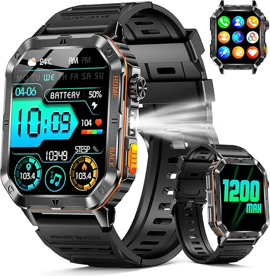 Military Smart Watch for Men, 2.01'' Fitness Tracker with 1200mAh Long Battery Life, Bluetooth Calls, Flashlight, IP68 Waterproof, Heart Rate/Sleep Tracking, 100+ Sports Modes for Android iPhone