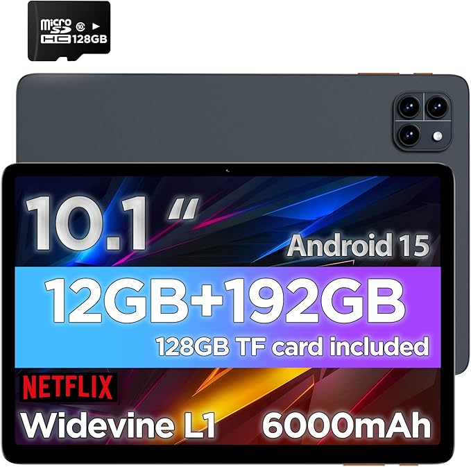 Tablet,10.1" Android Tablet with Octa-core Processor,12GB RAM+192GB ROM (64GB ROM+128GB TF Card Included),1280x800 IPS HD Screen,6000mAh,Dual Camera,WiFi 6,BT 5.4,Android 15 Tablets 2025,Space Gray