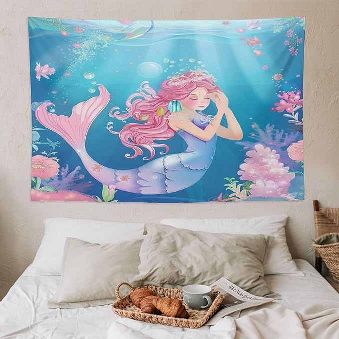 HZOHNAGO Mermaid Girls Tapestry Watercolor Flowers Mermaid Princess Blessing Pattern for Kids Room Decoration Printed Wall Tapestry Wall Hanging for Bedroom Living Room Dorm 90" W x 60" H
