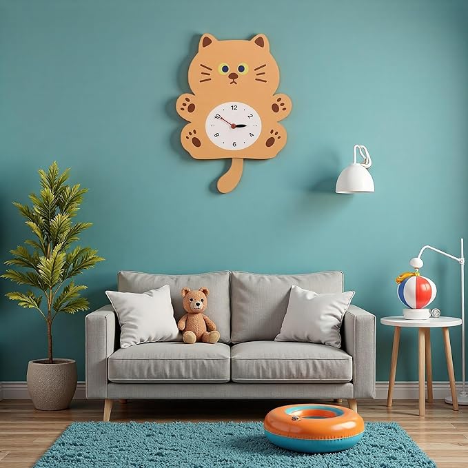 FASHION in THE CITY Adorable Cat Themed Swing Wall Clock - Silent Non-Ticking Pendulum Clock, Easy to Read Analog Clock for Cat Lovers, Nursery, Kitchen, Cute Home Decor Gift (YBZ001-Yellow)