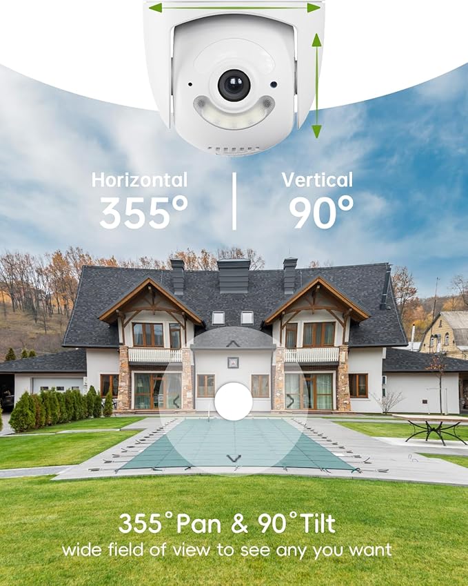 5G/2.4G Security Camera Outdoor, 24/7 Recording Wired Cameras for Home Security, Plug-in Power, 360° PTZ, Auto Tracking, Color Night Vision, IP66 Waterproof, SD/Cloud Storage, White-2 Packs