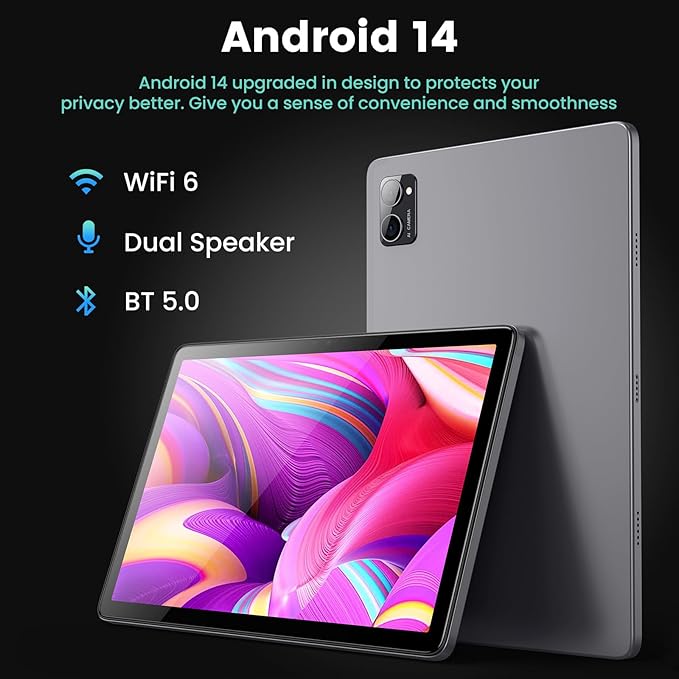 Azeyou Tablet 10.1 inch, Android 14 Tablet, 8GB 128G Computer Tablets, Octa Core Processor 6000mAh Battery, 1280x800 IPS Touch Screen, 5+8MP Dual Camera, Bluetooth,GMS, WiFi (Metal Gray)