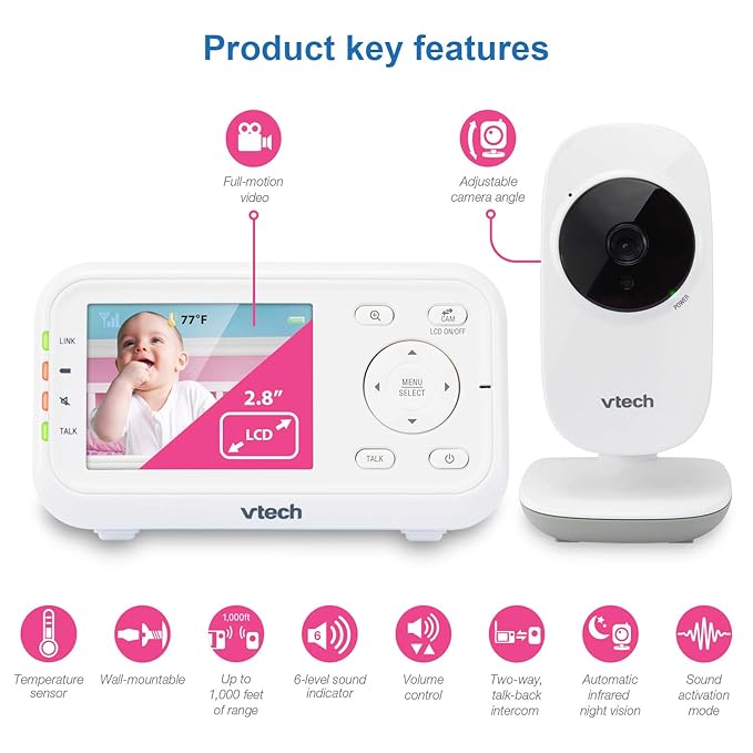 VTech VM3252 No WiFi Video Baby Monitor - 2.8" Screen, 1000ft Long Range, Auto Night Vision, 2-Way Talk, Temperature Sensor, Lullabies