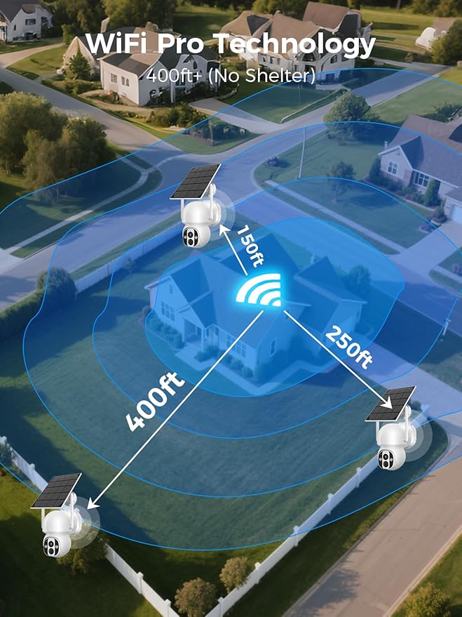 Solar Security Camera Outdoor Wireless WiFi Pro, 4MP Color Night Vision, AI/PIR Motion Detection, 360 PT, 2-Way Audio, IP66, 2.4/5GHz, SD/Cloud Storage, Works with Alexa, Mobile App & Base-station