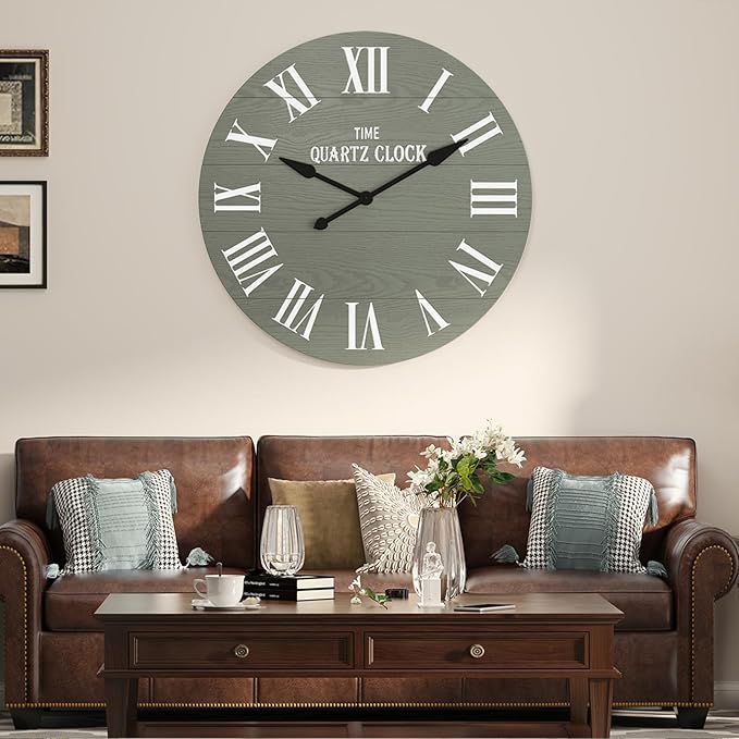 ARTPOWER Large Farmhouse Wall Clock, 35.5” Shiplap Wall Clock with Roman Numeral, Nearly Non-Ticking, Round Wall Clocks for Living Room Decor, Office, Bedroom, Entrance, Sage Green