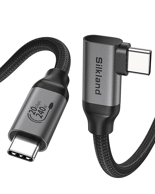 Silkland USB C Monitor Cable Right Angle 6.6FT, 8K@30Hz 5K/4K@60Hz Display, 20Gbps Data Transfer, 90 Degree USB C 3.2 Gen 2x2 Video Cable, 240W Charging for iPhone 17, MacBook,Portable Monitor,Carplay