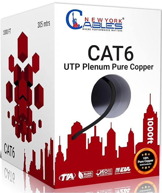 NewYork Cables CAT6 Plenum Cable 1000ft | 100% Pure Copper, UTP, 550MHz, 23AWG, 4Pair 10GB Ethernet Cable, Certified CMP-Rated Bulk Cat 6 for Networking & Gaming (1000ft, Pure Copper,Black)