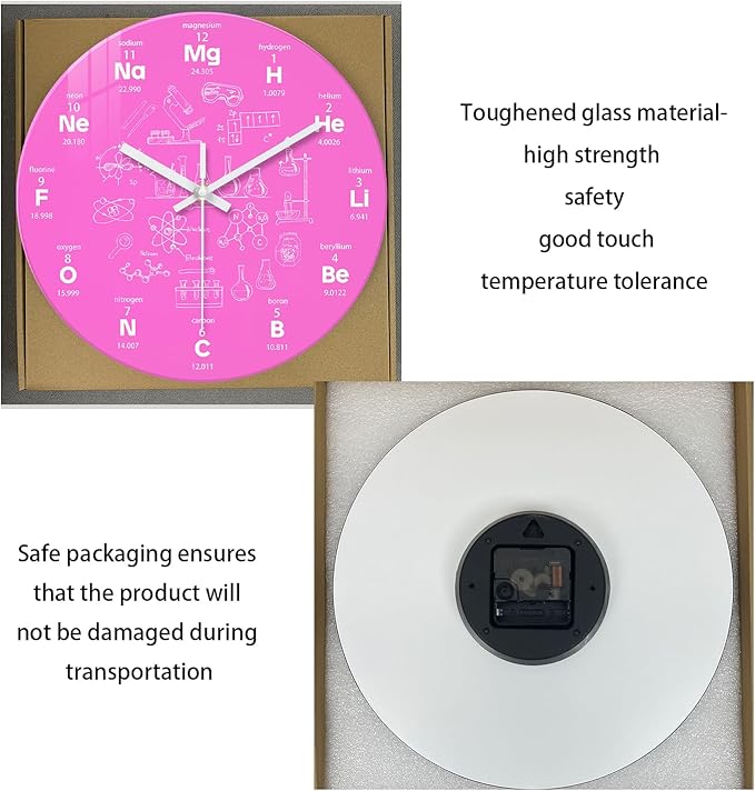 XNM Pink Chemical Clock for Girls Bedroom Wall Clocks Battery Operated Round Glass Analog Science 12 Inch Silent Wall Clock