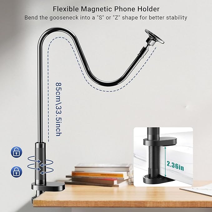 Magnetic Phone Holder for Bed Laying Down with Remote Page Turner, Bedside Gooseneck Phone Stand with Clicker for Reading, Flexible Mount with Wireless Scrolling Ring for iPhone/Tiktok/Short Video