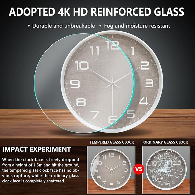 Modern Wall Clocks Battery Operated, 12 inch Silent Non Ticking Analog Clock with Large Numbers Burlap Texture Face, Tempered Glass Decorative Wall Clocks for Living Room Bedroom Kitchen Gym