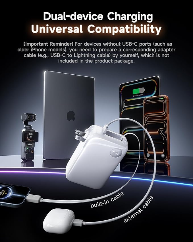 HOU 3 in 1 Portable Power Bank 10000mAh, 35W PD Fast Charging, Retractable USB-C Cable, Foldable Wall Plug, Dual Device Charging, FCC&UL Certified, Compatible with iPhone 17 Pro Max, Samsung, iPad