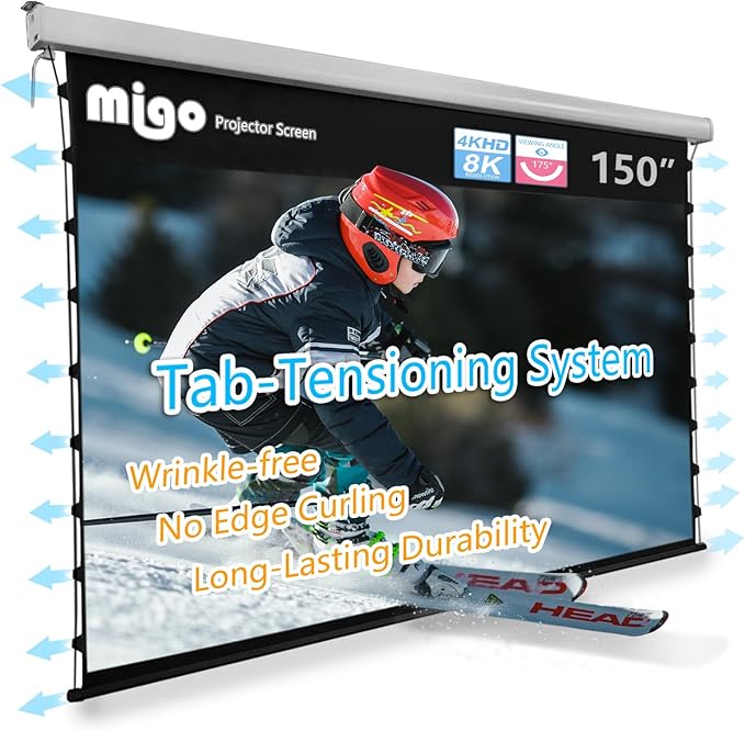 MIGO 150 Inch Pull Down Electric Projector Screen, Grey Crystal 2.0 Gain Partial Ambient Light 4K Tab-Tension Projector Screen Wall & Ceiling Mount for Short Throw Projector Movie Home Theater Cinema