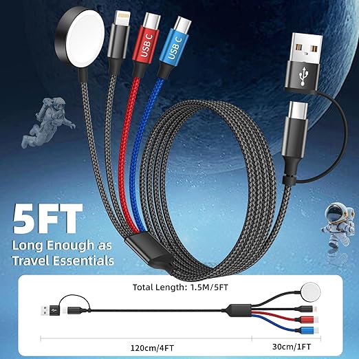 Dual Type-C Port 4 in 2 USB C Cable for Apple iWatch Charger/iPhone 17, Travel Charger Multi Charging Cable Cord for iWatch Ultra/SE/10-1, iPhone16-8, iPad, Android, Car, Cruise Essentials - 1Pc 5FT